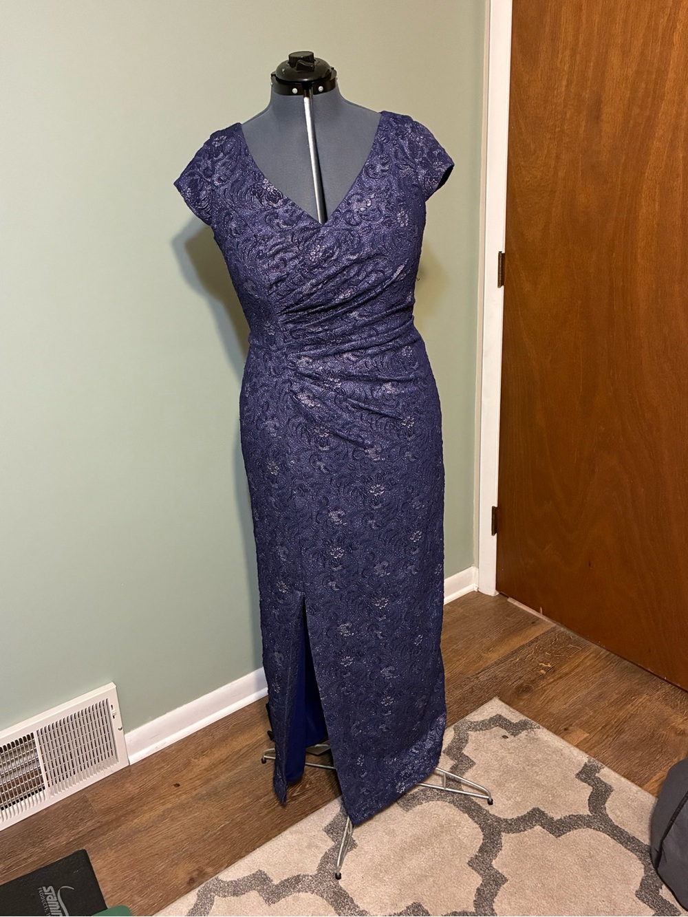 JS Collections Navy Lace V-Neck Maxi Dress with Cap Sleeves